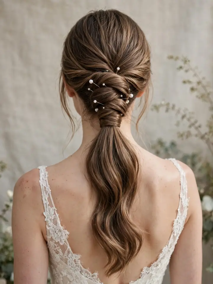 Low ponytail hairstyles for wedding decorated with pearl hair pins at the base