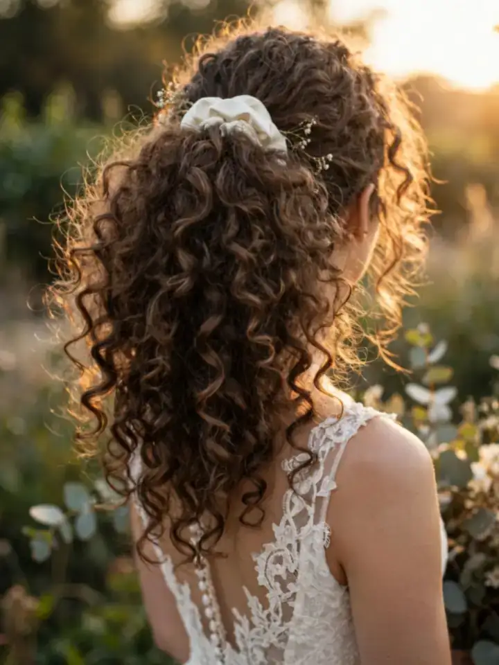 Curly textured ponytail hairstyles for wedding with natural curls and a silk scrunchie