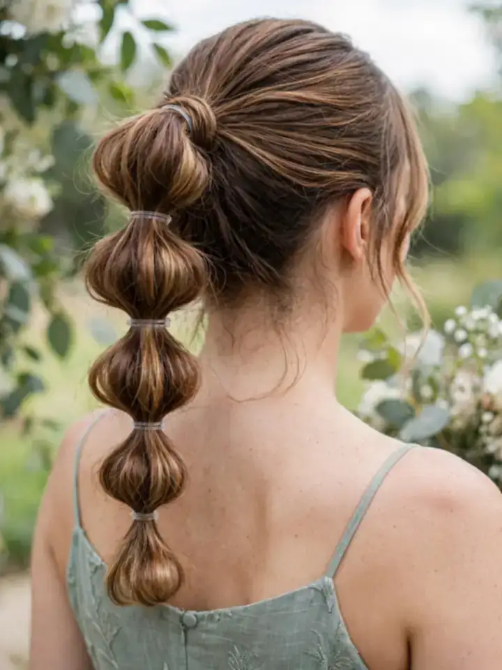 Bubble ponytail hairstyles for wedding on a bridesmaid with clear elastics