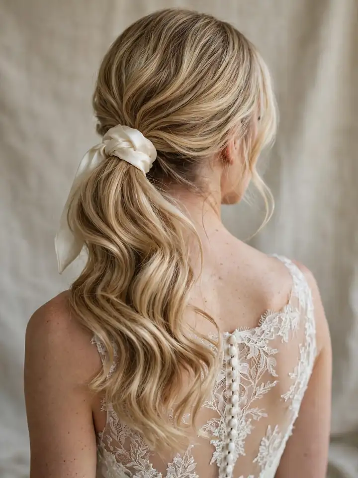 Low ponytail hairstyles for wedding tied with an elegant white satin bow