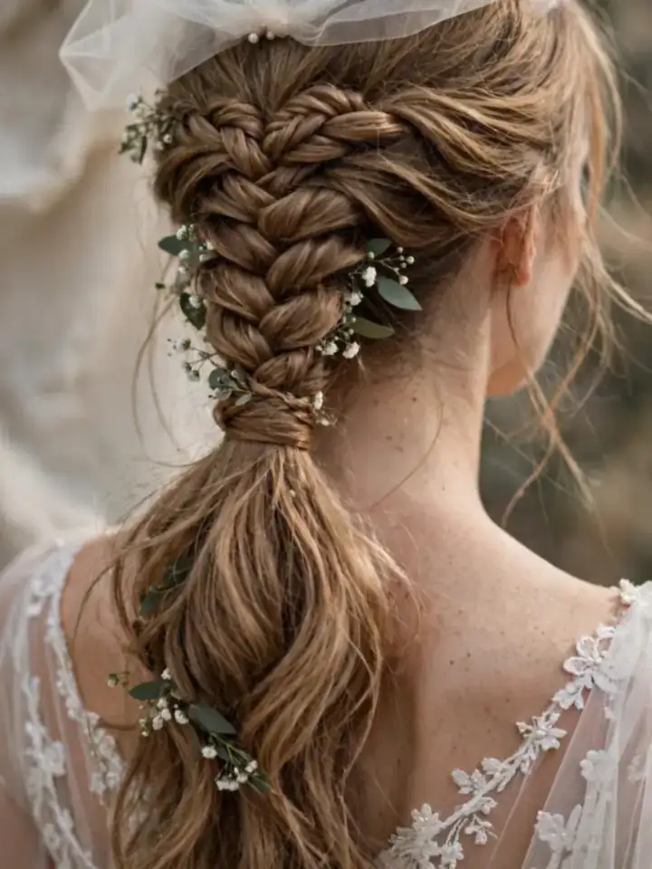 Braided ponytail updo ponytail hairstyles for wedding with a veil and baby's breath