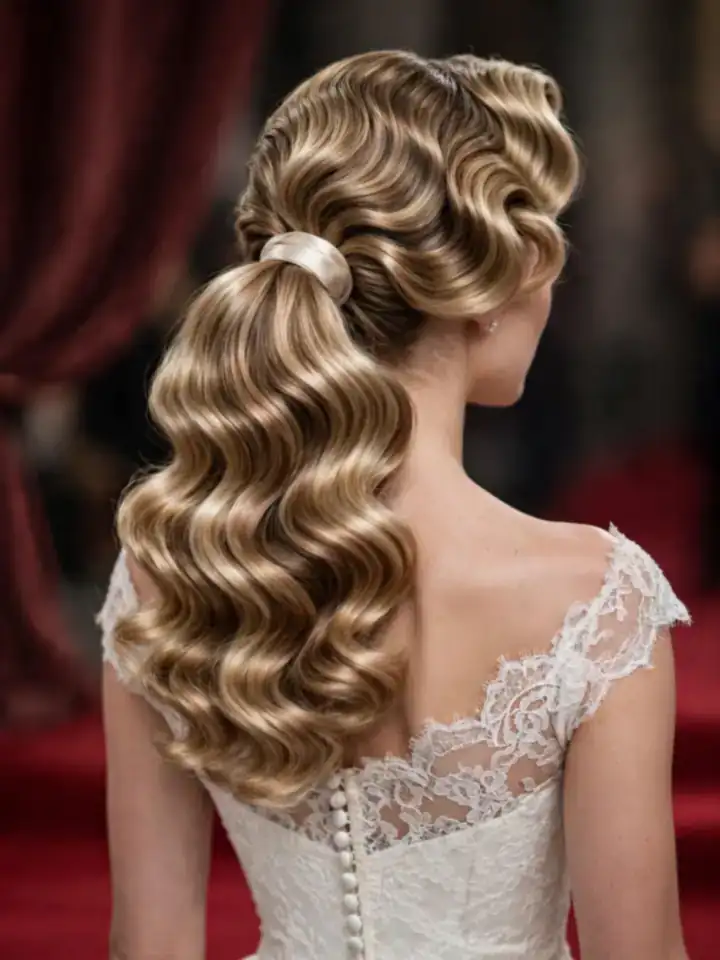 Hollywood waves ponytail hairstyles for wedding with glossy vintage waves