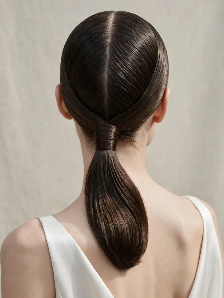 Formal center-part low ponytail hairstyles for wedding with sleek symmetrical hair