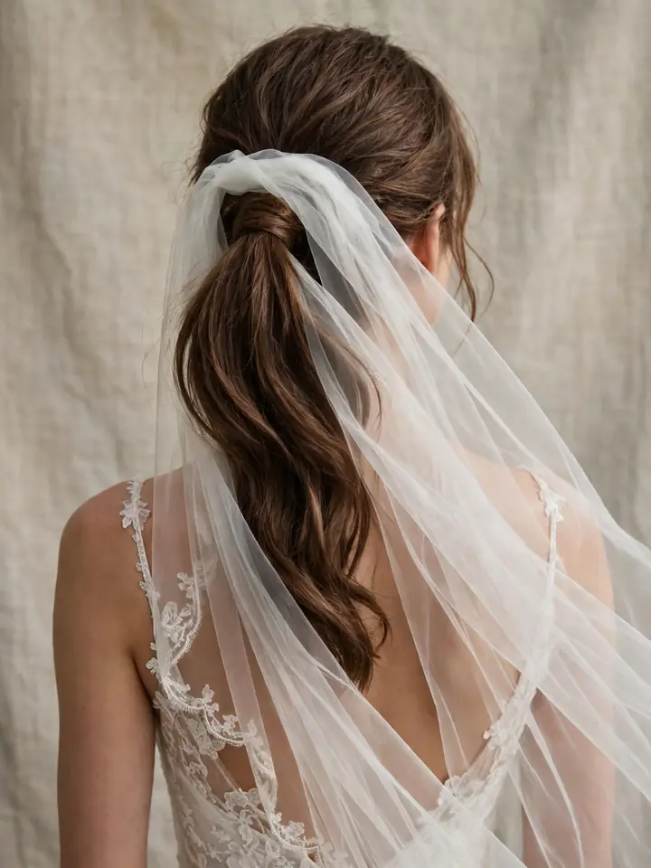 Bridal ponytail hairstyles for wedding paired with a sheer veil flowing over it