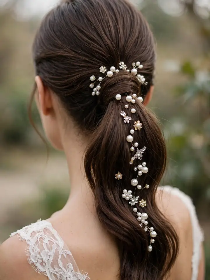 Elegant ponytail hairstyles for wedding with pearl and crystal hair accessories along the tail