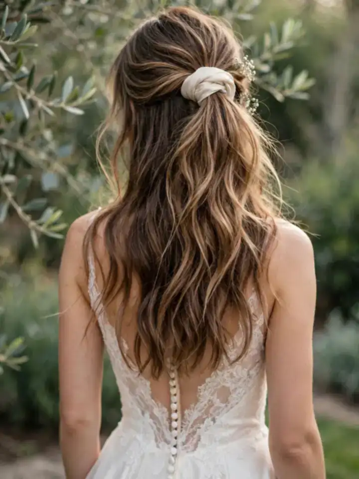 Half-up ponytail hairstyles for wedding with the top section gathered and flowing hair