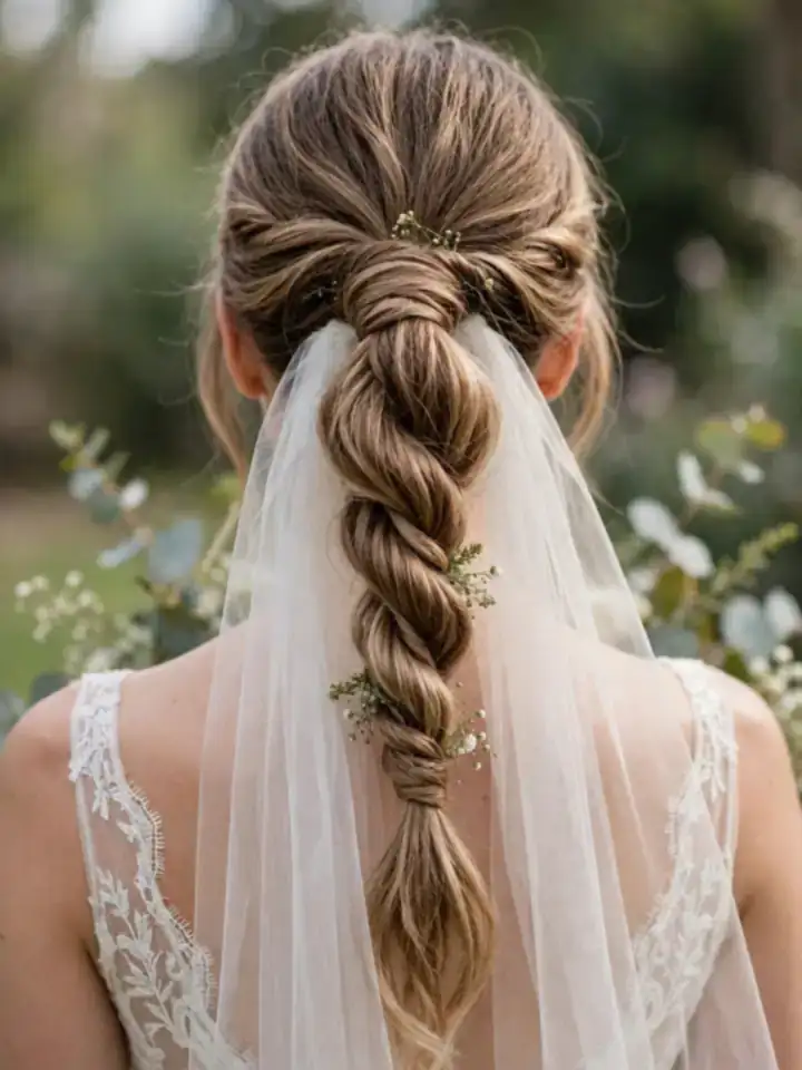 Twisted rope ponytail hairstyles for wedding with a rope braid and veil