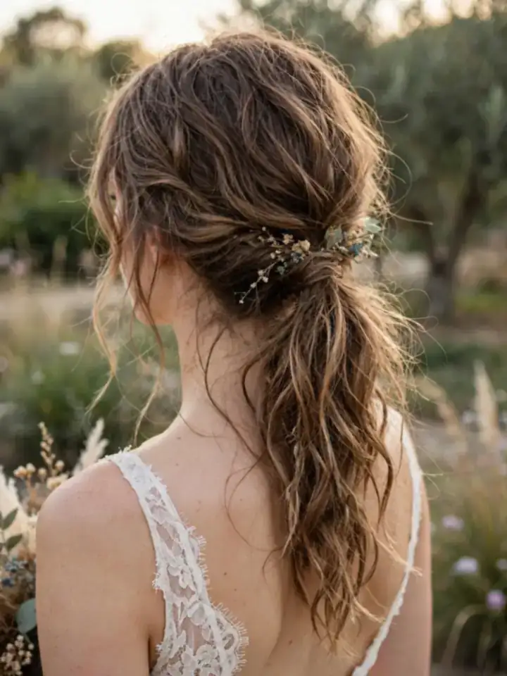 Messy boho low ponytail hairstyles for wedding with loose texture and floral sprigs