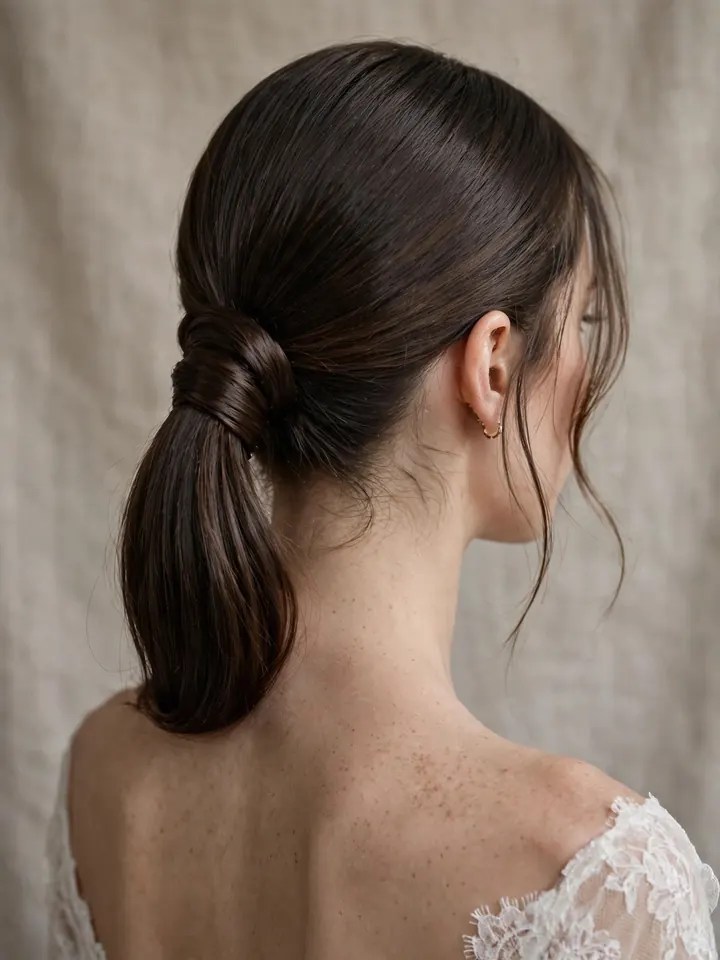 Sleek low ponytail hairstyles for wedding with a wrapped base and face-framing strands