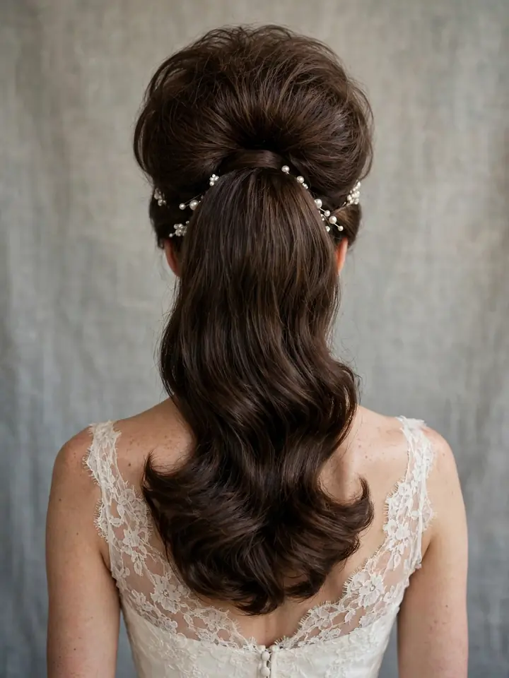 Retro beehive high ponytail hairstyles for wedding with crown volume and pearl accents