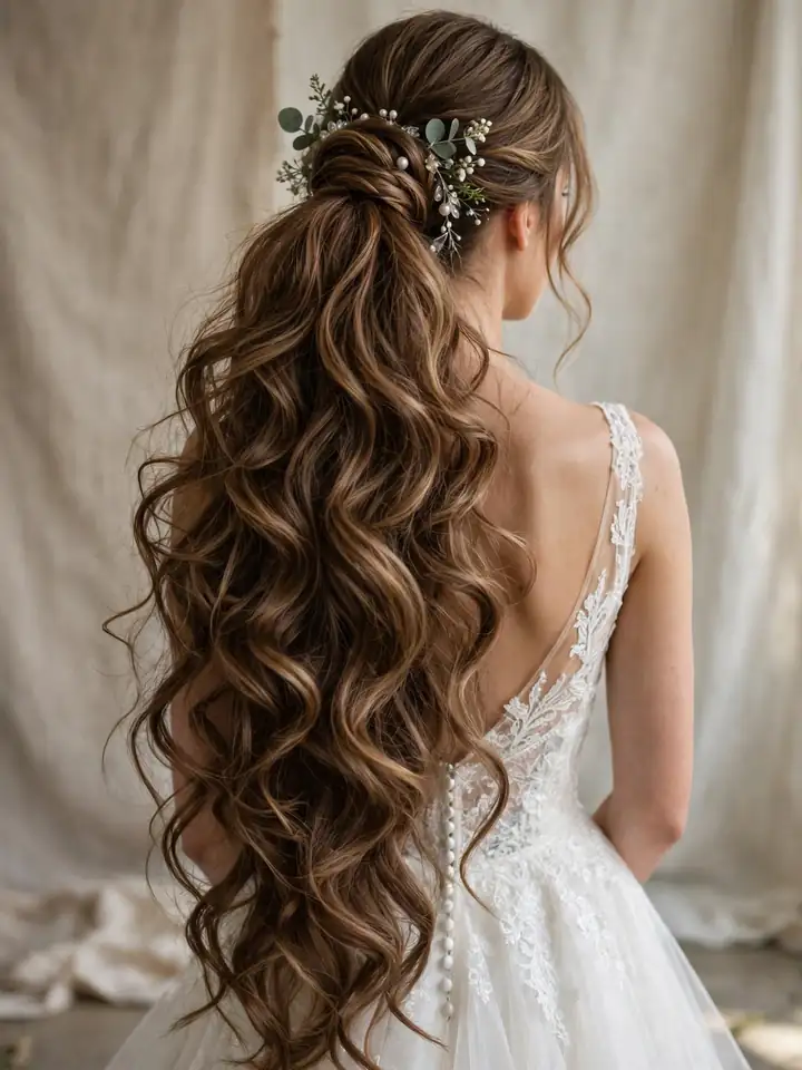 Extra-long voluminous ponytail hairstyles for wedding with cascading waves and florals