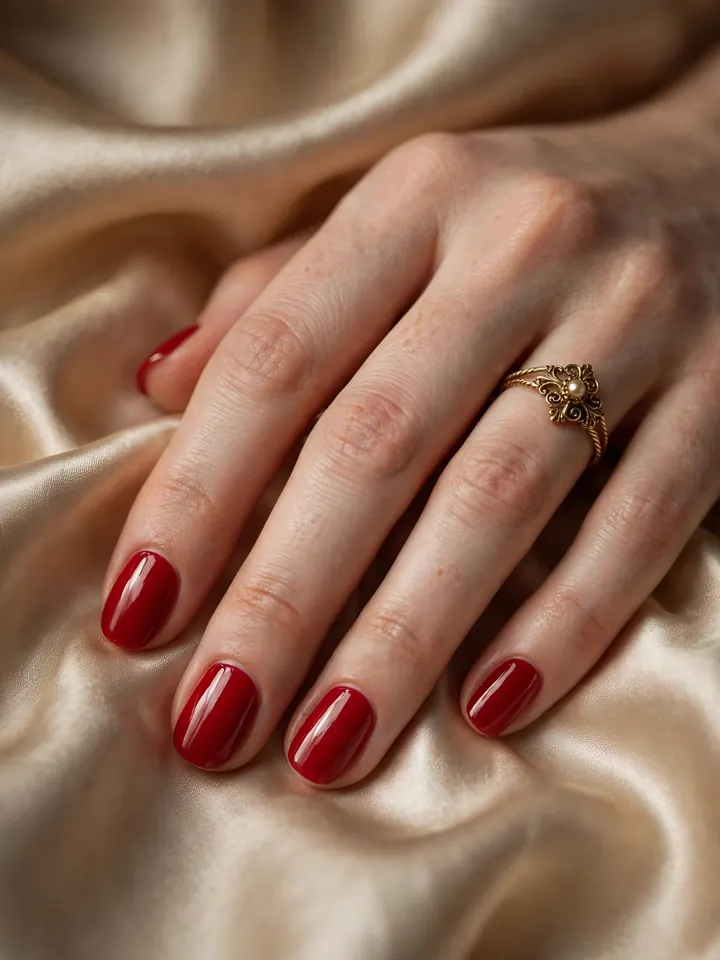 Red wedding nails aesthetic: timeless glossy red nail polish manicure for brides