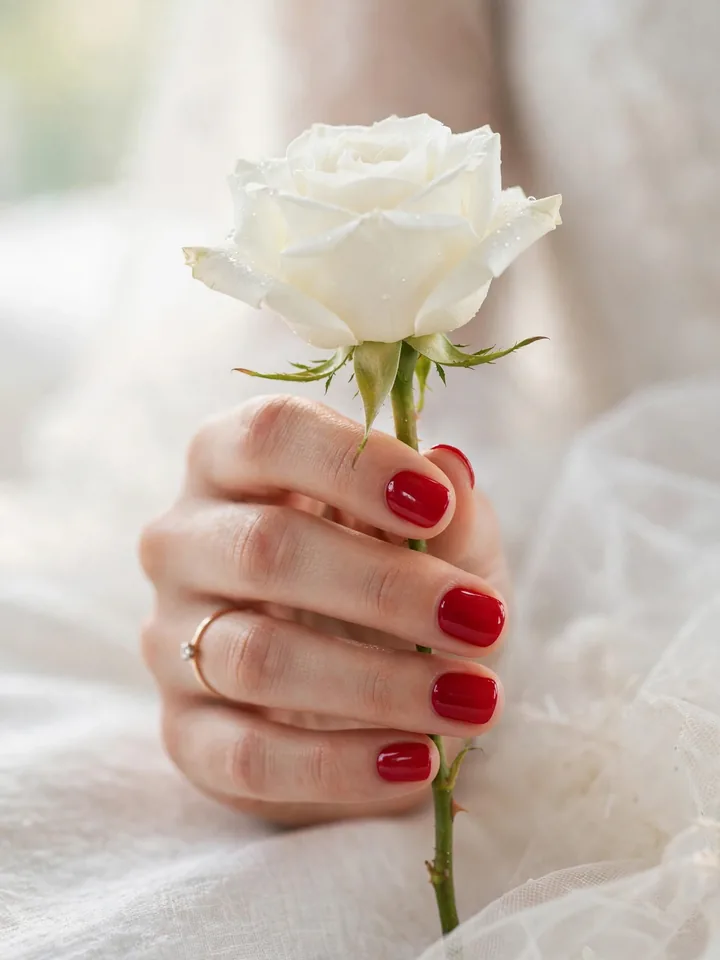 Red wedding nails on short round nails: cherry red bridal manicure