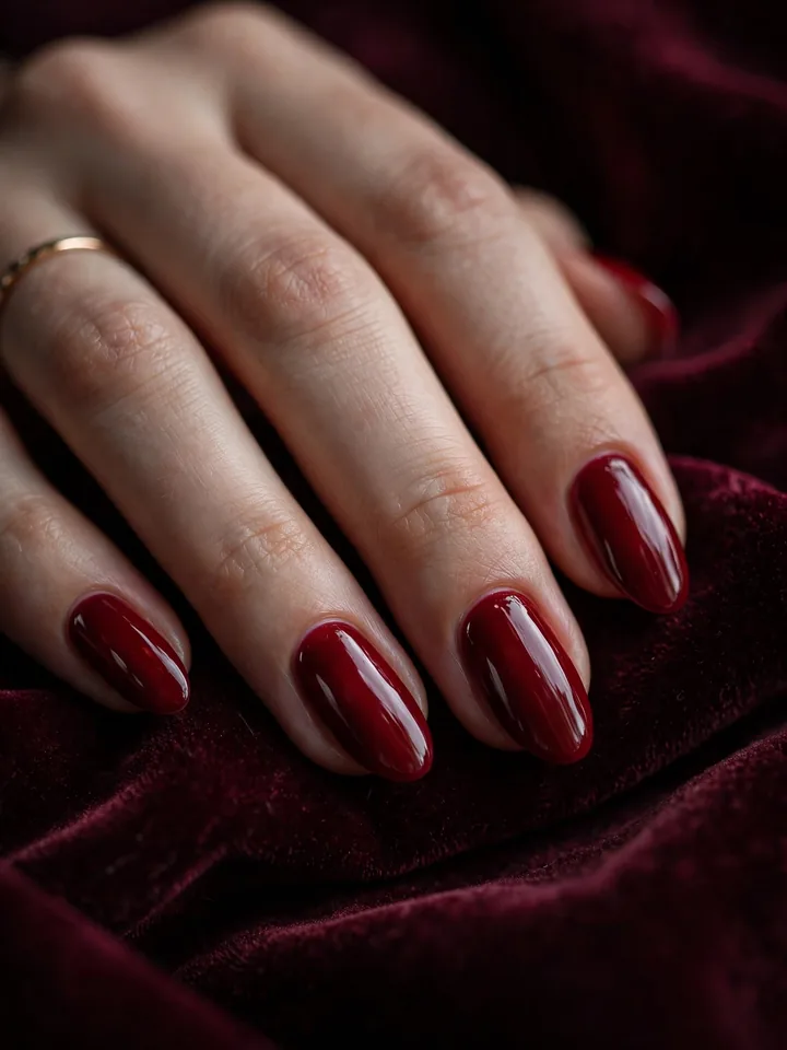 Red wedding nails inspo: deep crimson glossy red nail polish on bridal nails
