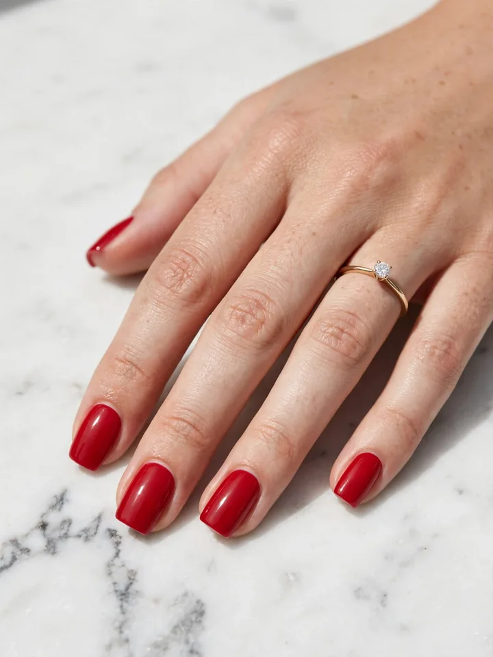 Red wedding nails in squoval shape: square-round red bridal manicure
