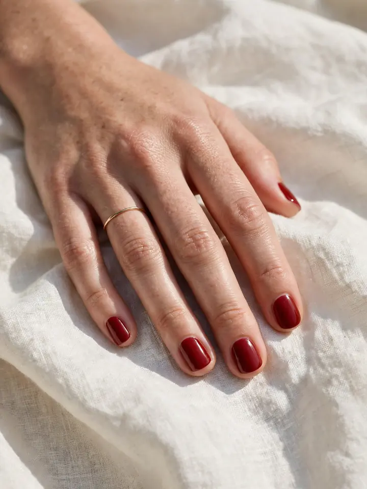 Short natural red wedding nails: understated red polish on natural bridal nails