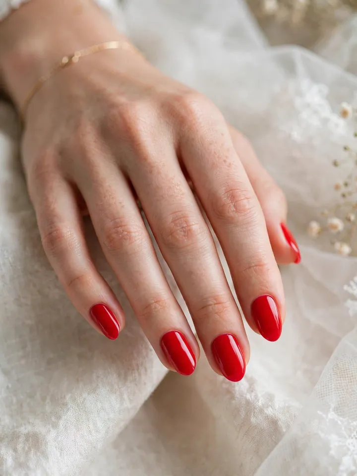 Red wedding nails: short almond-shaped nails in red bridal polish