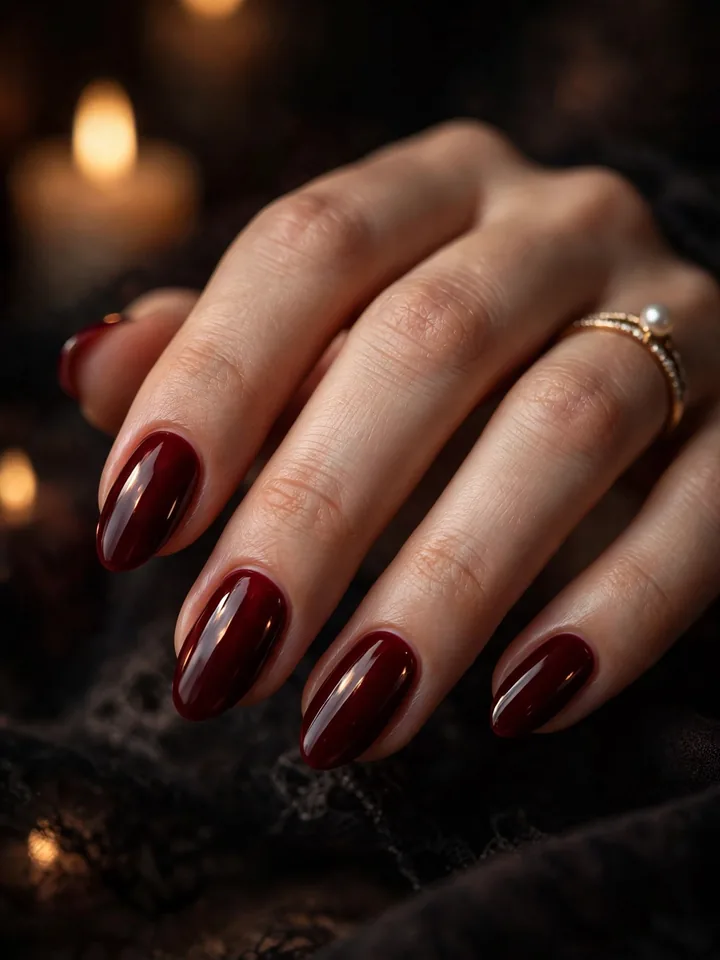Red wedding nails in deep oxblood: dark moody red bridal manicure