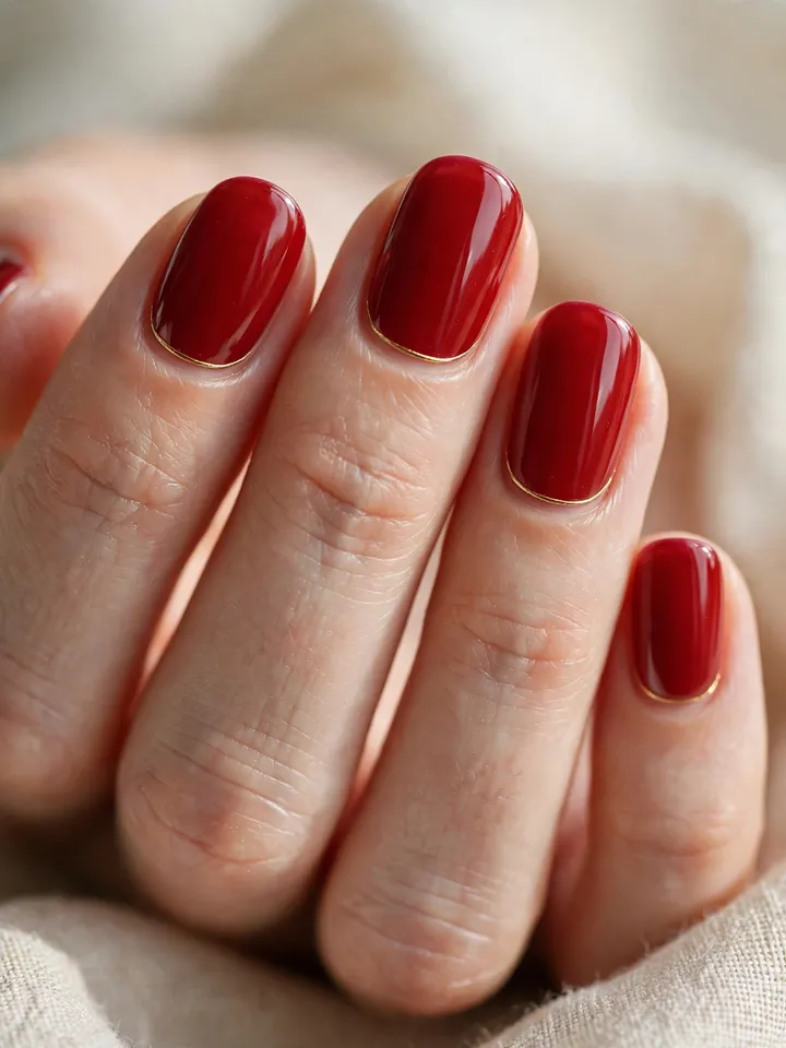 Red wedding nails with gold accents: subtle gold detail on red bridal manicure
