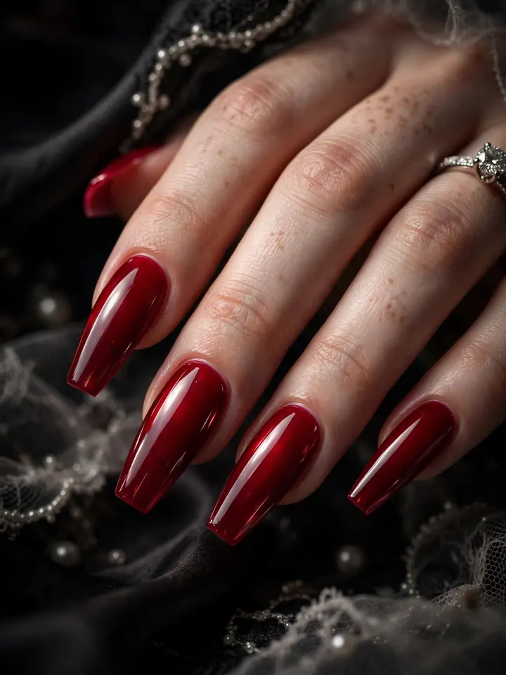 Red wedding nails in coffin shape: ruby red ballerina bridal manicure