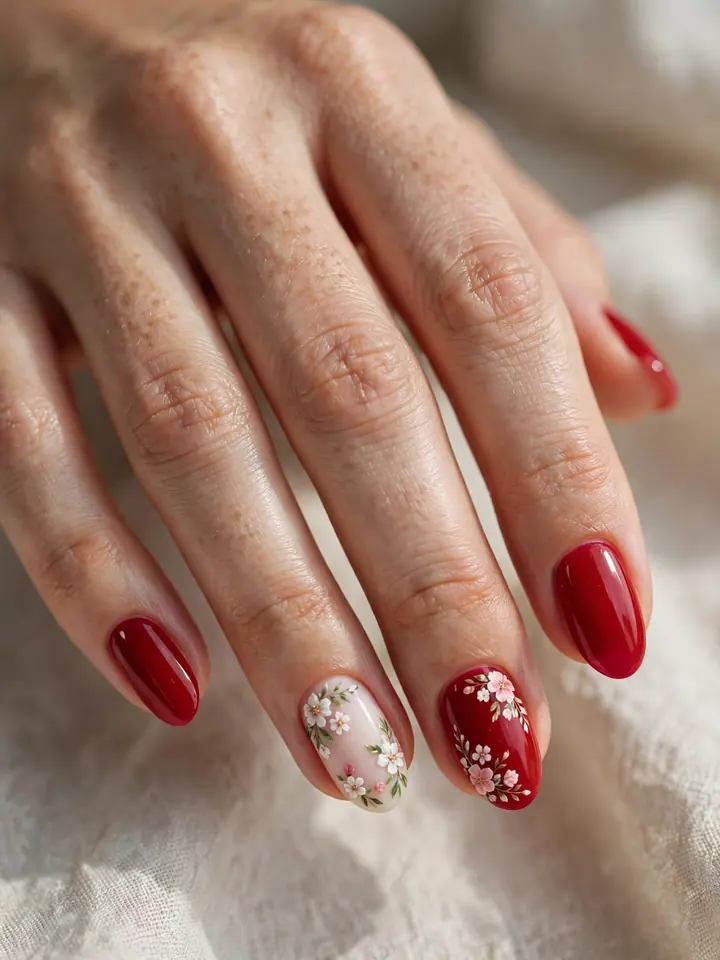 Red wedding nails with floral accents: cherry red bridal manicure with tiny flowers