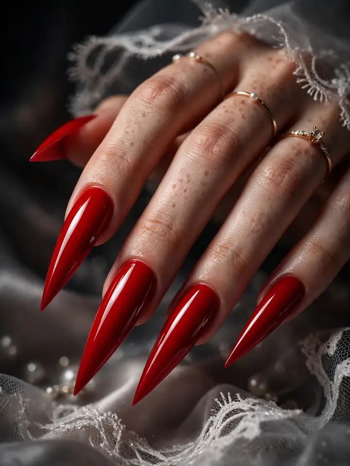 Red wedding nails stiletto shape: glossy red pointed bridal manicure