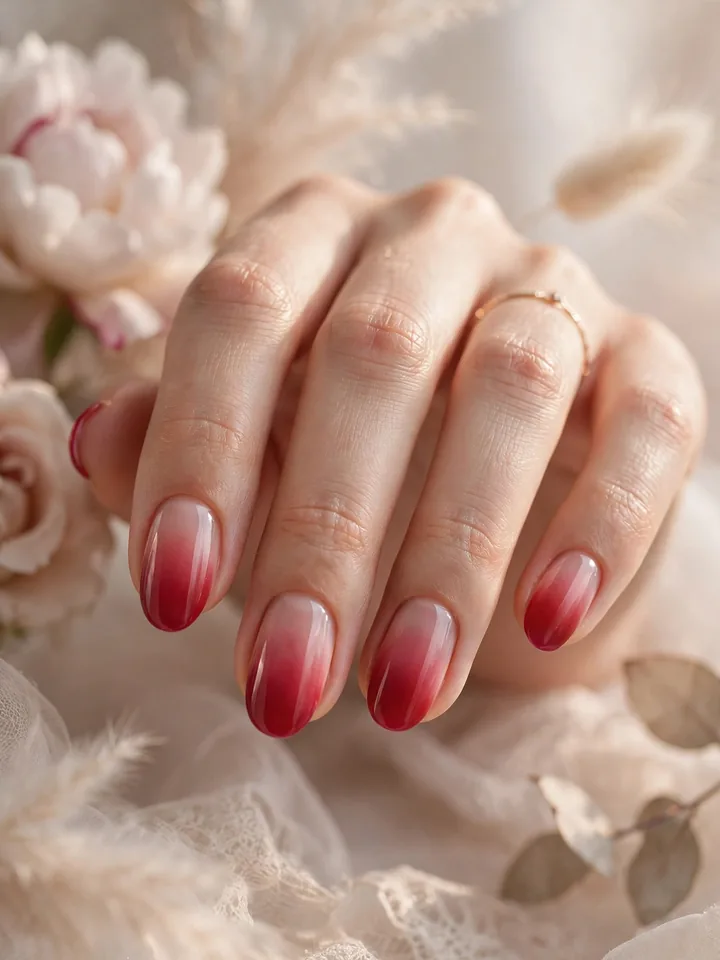 Red wedding nails ombre: red gradient bridal manicure fading to nude