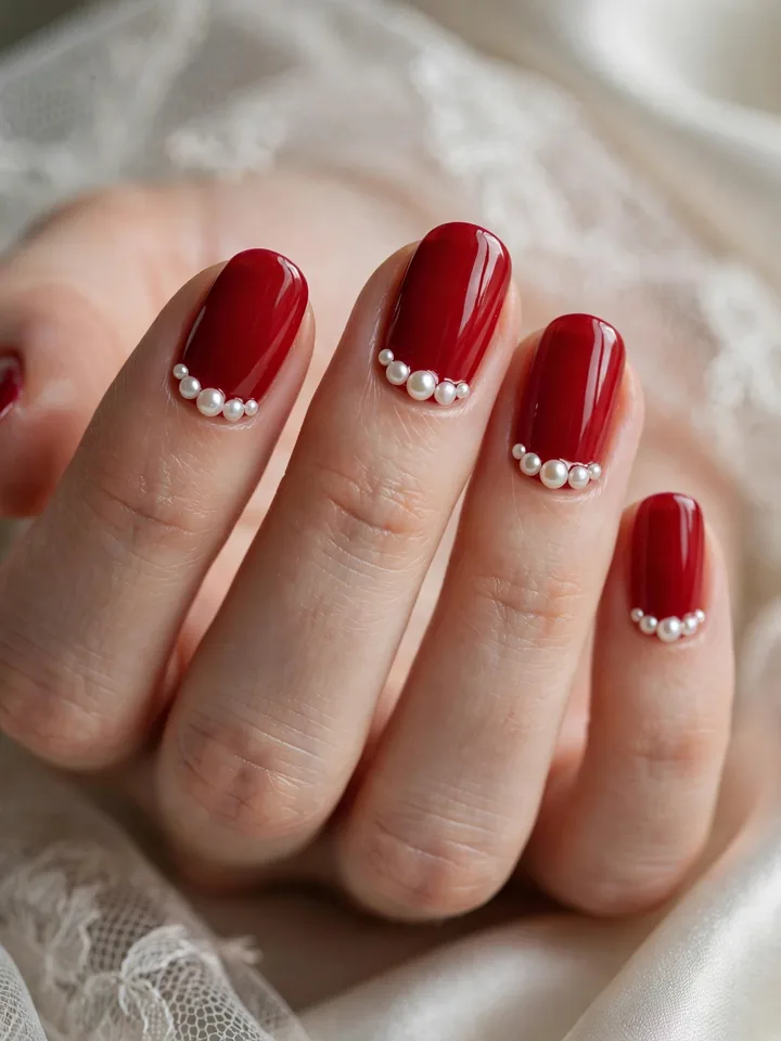 Red wedding nails with pearls: red bridal manicure with pearl accents