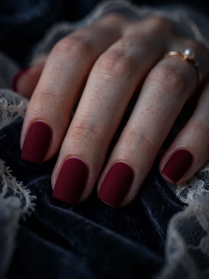 Red wedding nails in wine shade: bordeaux red square bridal manicure