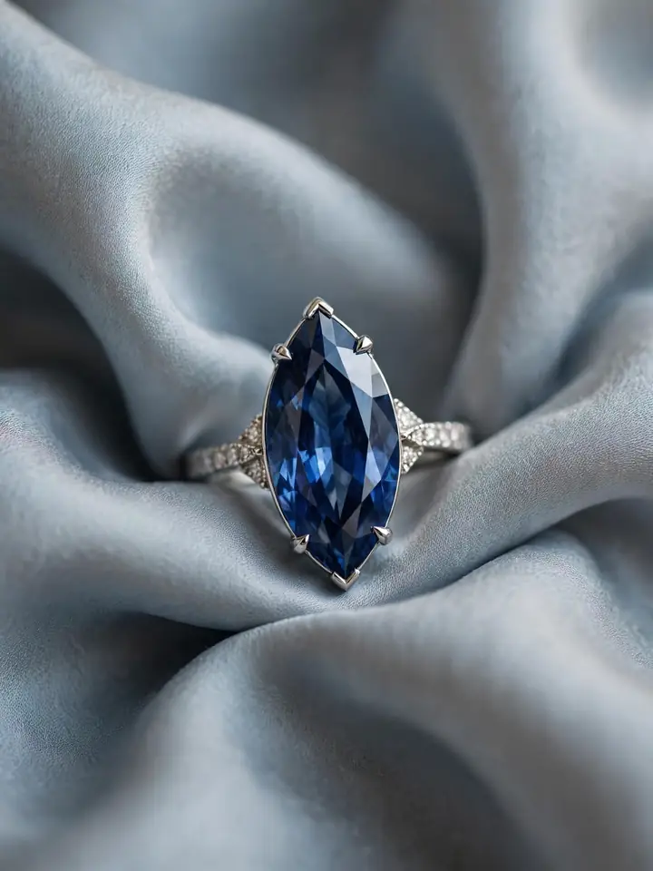Marquise cut sapphire ring with elongated deep blue gemstone