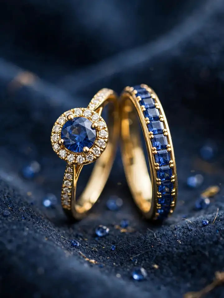 Sapphire wedding ring set in gold with matching band