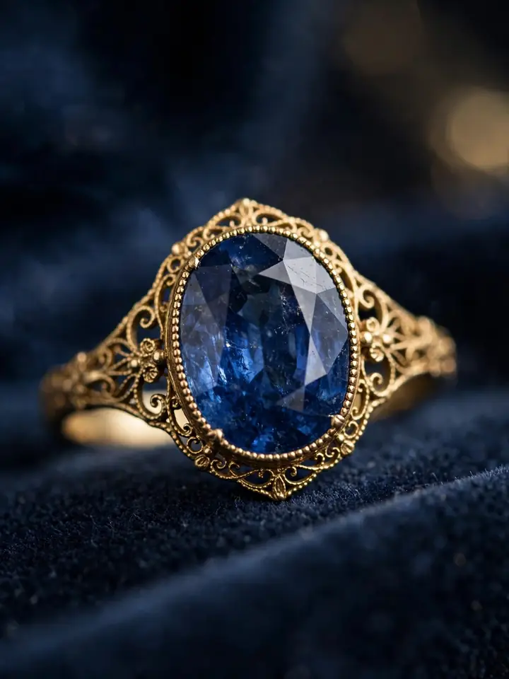 Vintage sapphire wedding ring with milgrain and filigree details