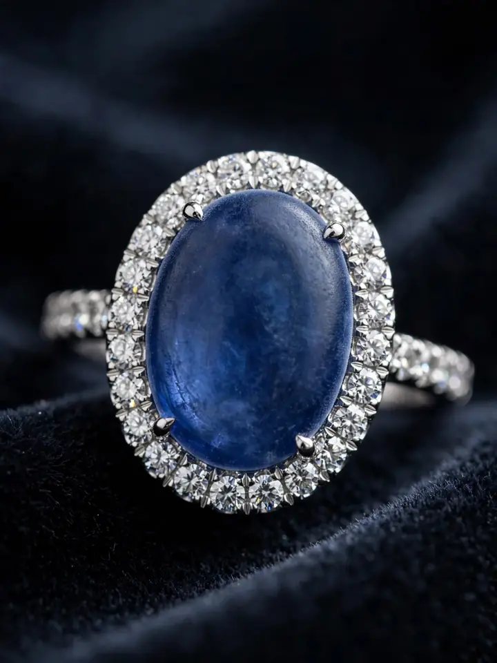 Oval sapphire halo ring surrounded by sparkling diamonds