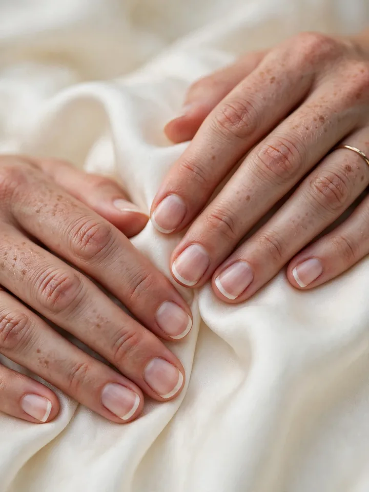Classic French tip short bridal nails wedding manicure with crisp white tips on a soft pink base
