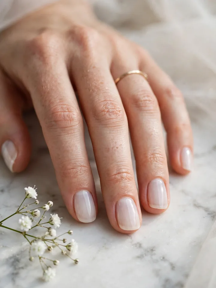 Milky white gel short bridal nails wedding manicure with a soft translucent finish