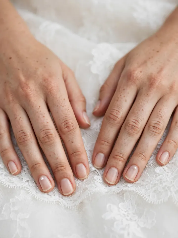Short bridal nails wedding manicure with tiny pearl accents on nude nails over lace