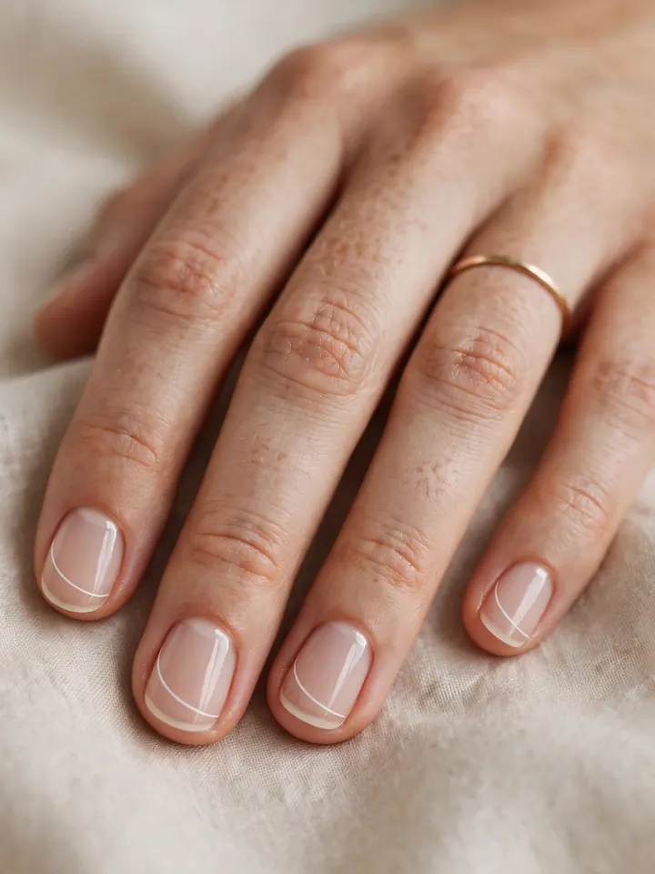 Minimalist white line art on short bridal nails wedding manicure with sheer nude base