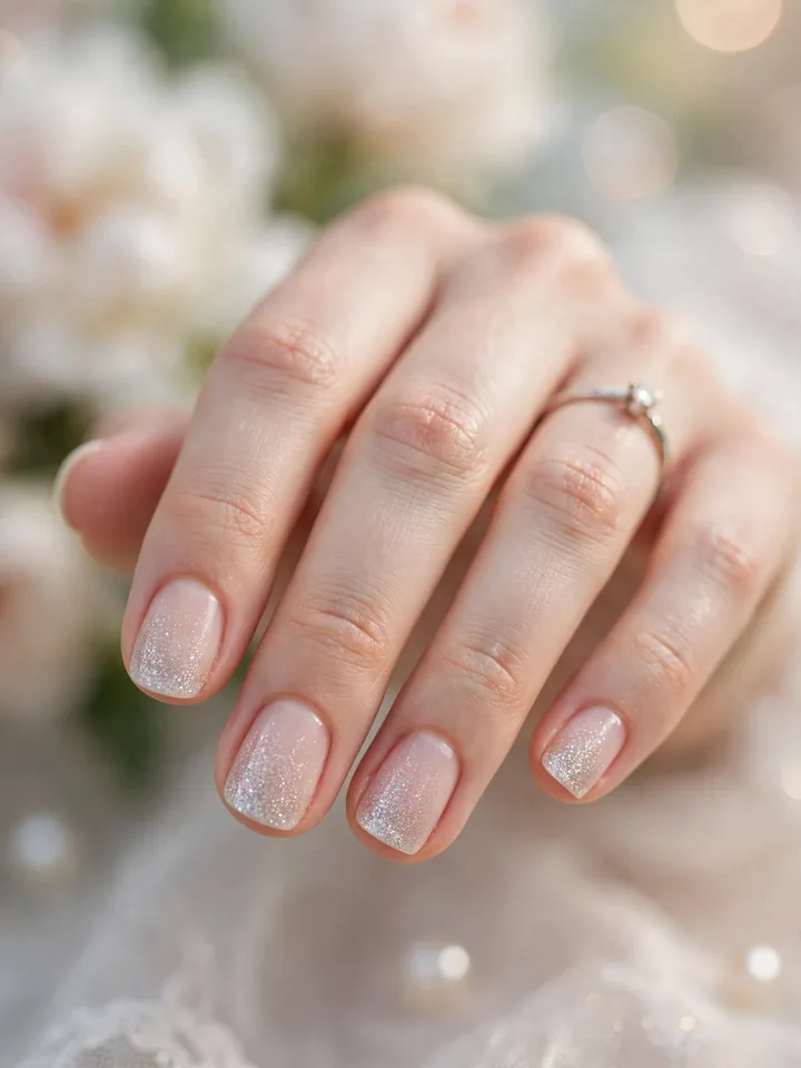 Soft glitter ombre short bridal nails wedding manicure with silver sparkle fading from the tips