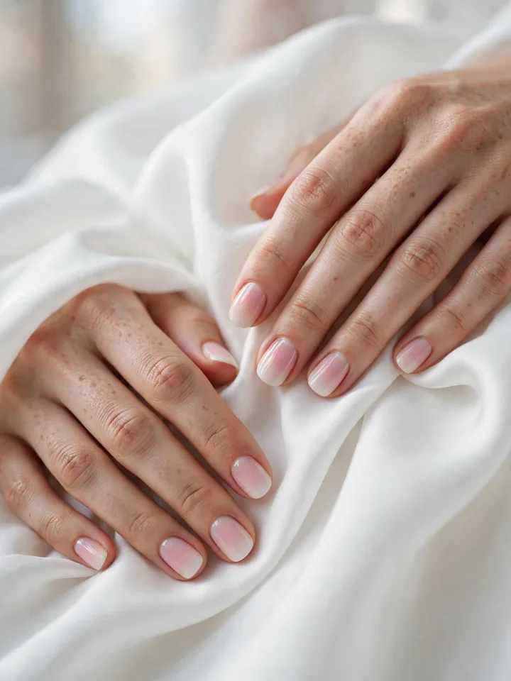 Baby boomer ombre short bridal nails wedding manicure blending pink into white tips