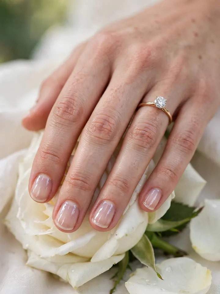 Natural buffed short bridal nails wedding manicure with clear gloss and diamond ring