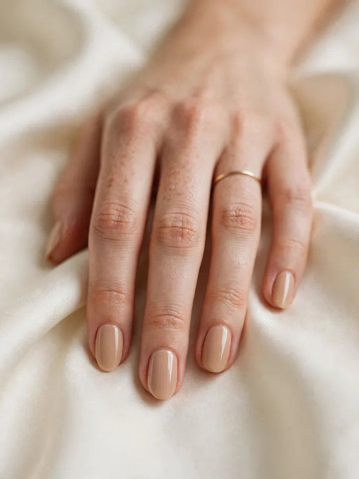 Short almond shaped nude bridal nails wedding manicure in warm beige tones