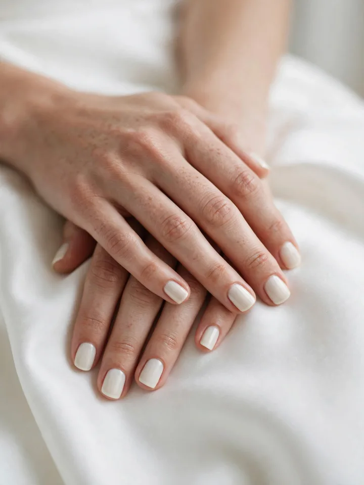 Ivory cream polish on short square bridal nails wedding manicure over lace