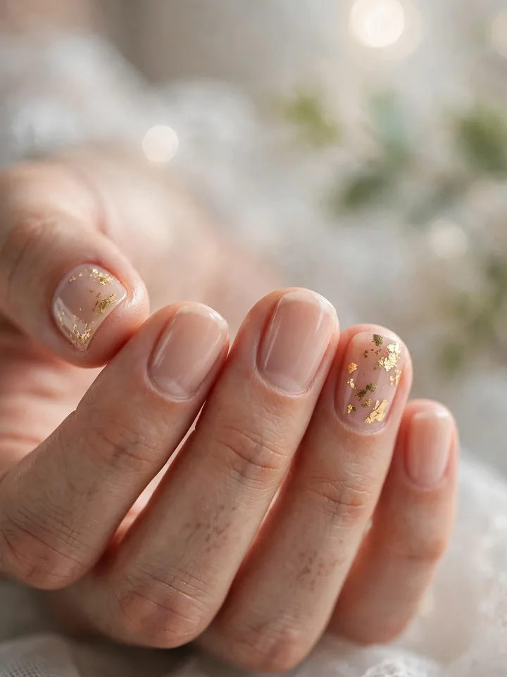 Short bridal nails wedding manicure with delicate gold foil accents on sheer nude polish