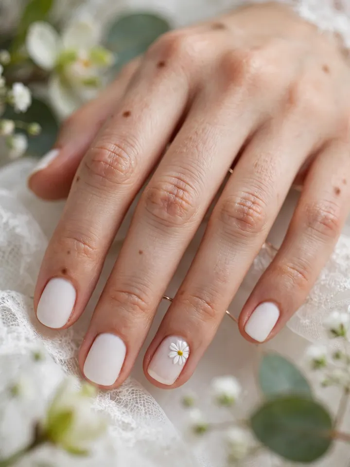 Short bridal nails wedding manicure with tiny hand-painted white daisy accent nail