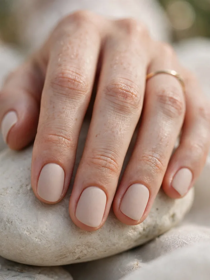 Satin matte nude short bridal nails wedding manicure with velvety finish