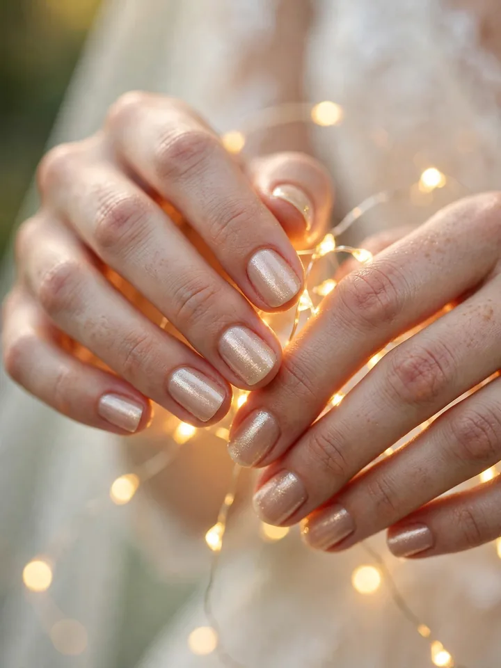 Subtle champagne shimmer short bridal nails wedding manicure with golden glow