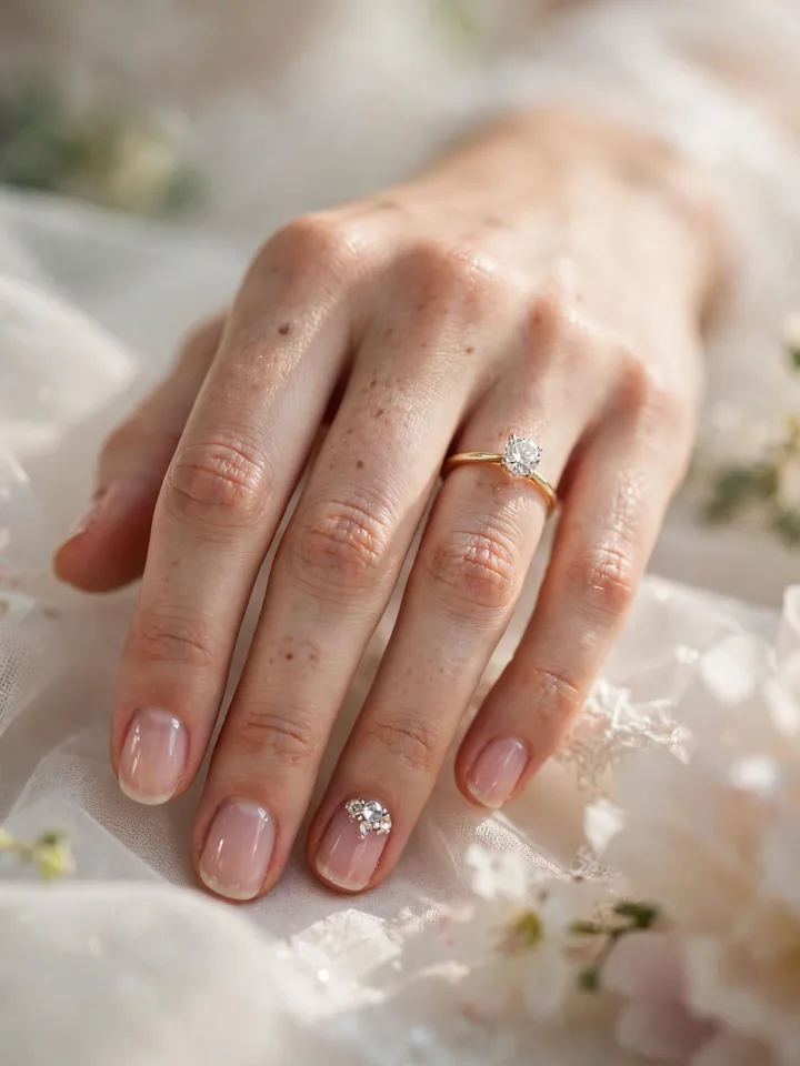 Short bridal nails wedding manicure with crystal accent on ring finger beside diamond ring