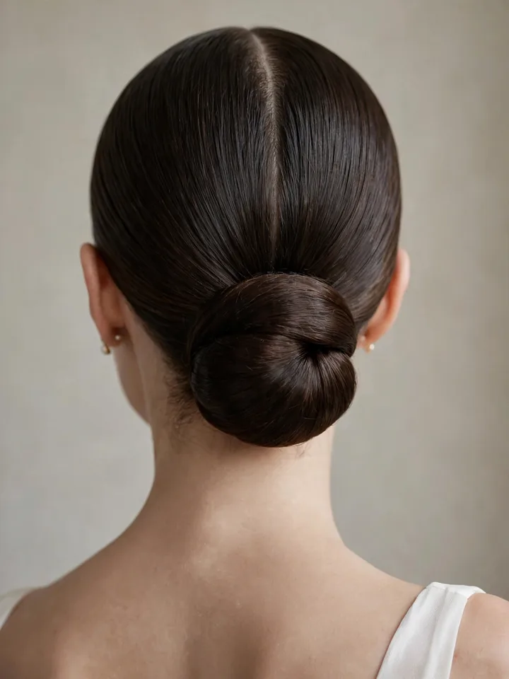 Sleek low bun, a simple hairstyle for a wedding with a polished centre part
