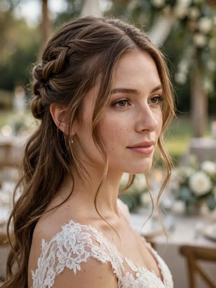 Half-up twisted hairstyle, a simple wedding hair look with soft waves