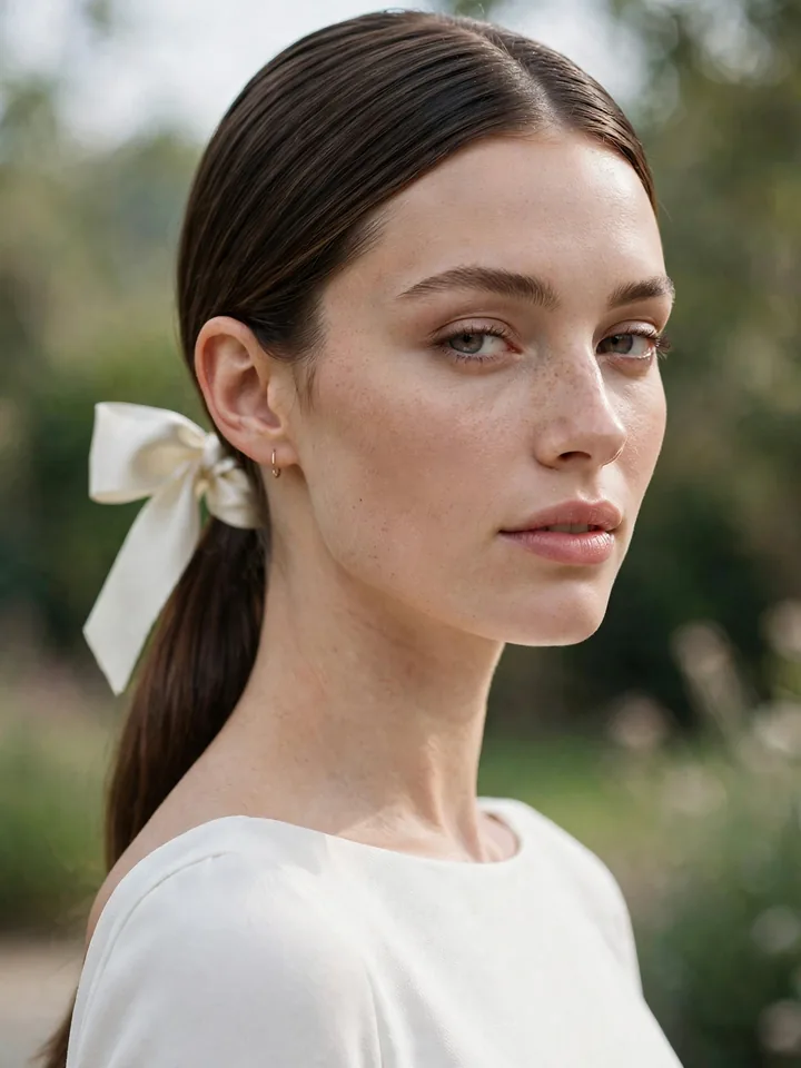 Low ponytail tied with an ivory ribbon, a simple elegant wedding hairstyle